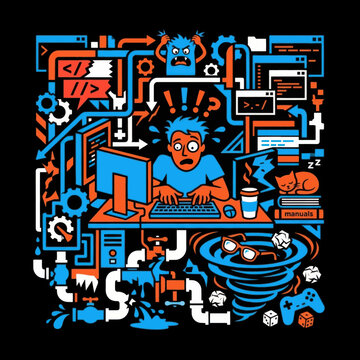 Stressed Software Developer Working on Complex Computer Code with Chaos and System Errors Illustration.