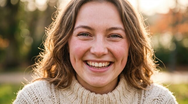 Young woman smiles at the camera in a golden-hour park; close-up shows dimples in warm light. Casual sweater, relaxed expression, genuine happiness.