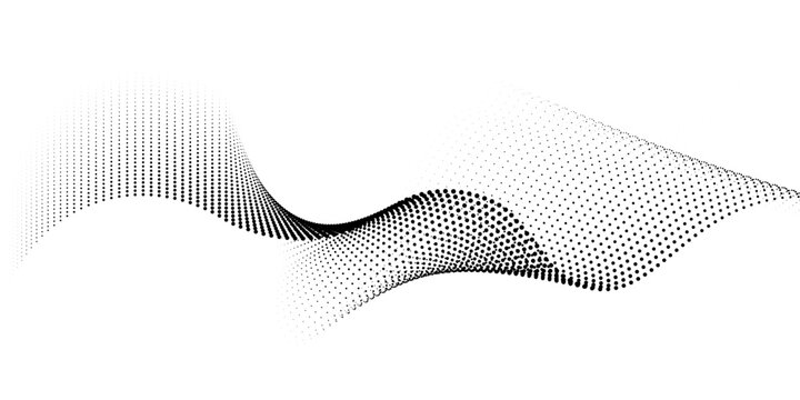Flowing dots particles wave pattern 3D curve halftone black gradient curve shape isolated on white background. Vector in concept of technology, science, music, modern vector wave