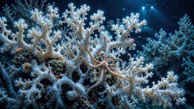 Bleached coral branching colony with brittle star in deep cold water aphotic zone, white aragonite framework glowing in cinematic underwater scene