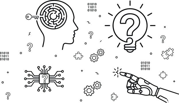 Artificial intelligence human brain maze logic problem solving creative idea lightbulb robotic hand microchip vector line icon set
