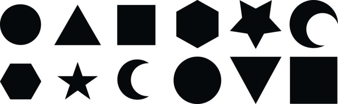 Simple geometric shapes in black on transparent background: circle, triangle, square, hexagon, star, crescent moon.