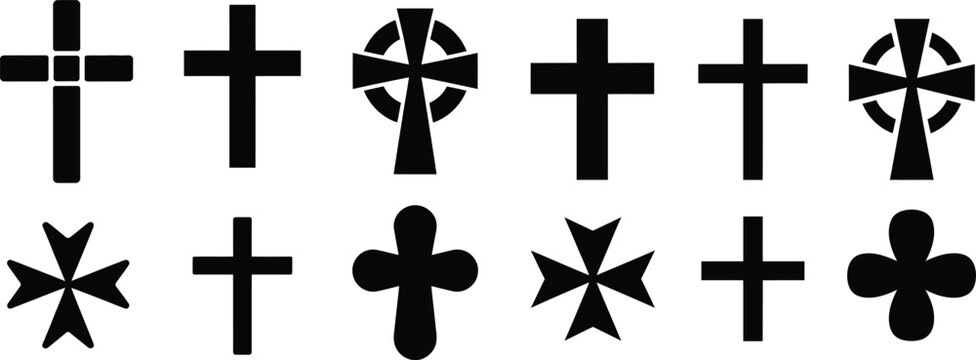 Assortment of different black cross designs on a transparent background, religious symbols for christianity and history.