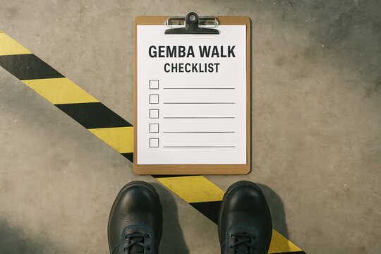 Gemba walk checklist on clipboard placed on factory floor with safety boot and yellow caution tape visible