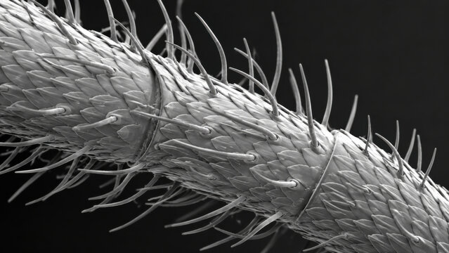 Macro view of insect antenna surface covered in sensory hair and setae with overlapping scale texture in silver white tones against dark background