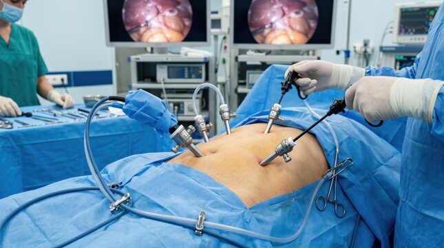 Surgeons performing minimally invasive abdominal procedure using laparoscopic cameras and handheld instruments, teamwork in sterile operating theatre with live monitor display
