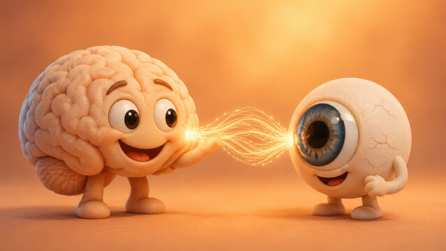 Smiling brain and eye cartoon character linked by glowing fiber optic strand on warm orange background neurological connection concept