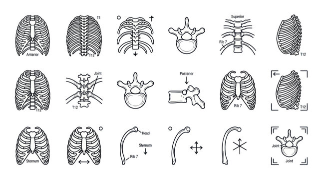 Human anatomy icons of rib cage and spinal vertebrae.