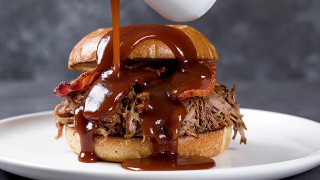 Dark brown barbecue sauce poured from a white pitcher onto a shredded pulled pork sandwich with bacon strips on a toasted brioche bun, served on a white plate with a dark background.