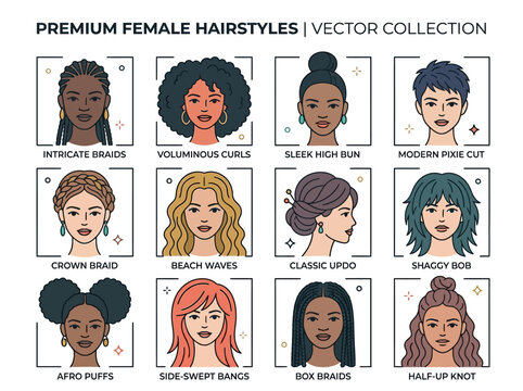 Diverse Female Hairstyles Vector Collection: Icons for Haircare, Beauty, and Fashion