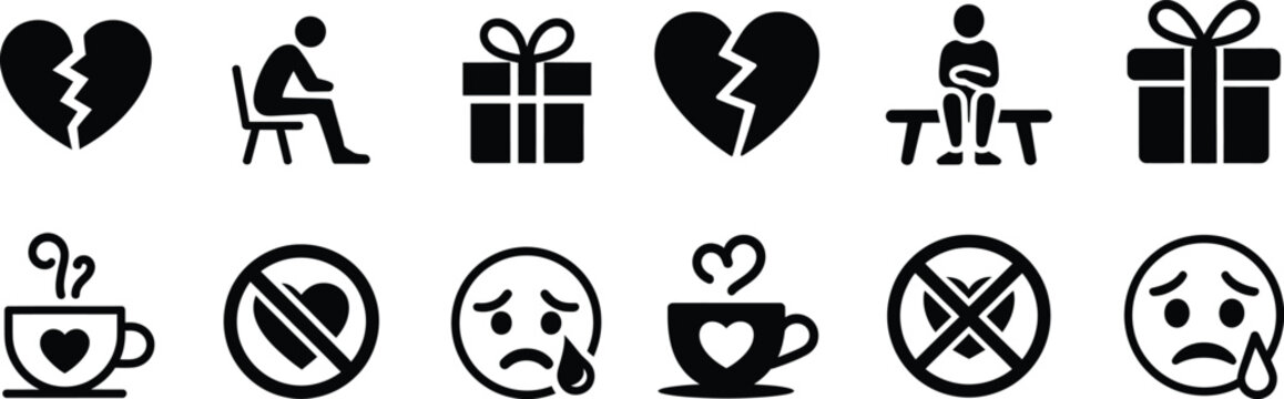 Heartbreak and loneliness icon set representing emotional sadness grief solitude and relationship problems.