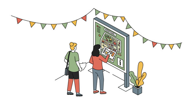 People Looking at Information Kiosk Festival Map