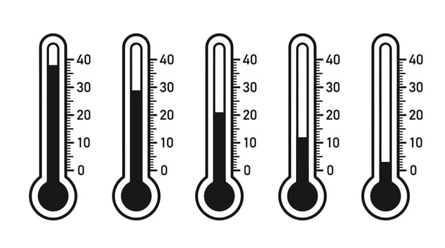 five black and white thermometers displaying various temperature measurements illustrating concepts of heat cold and weather climate.