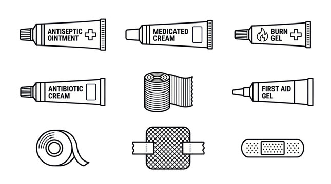 Medical ointment tubes and first aid bandage icons set.