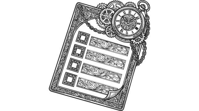 Intricate steampunk illustration featuring a vintage pocket watch, mechanical gears, and an ornamental checklist for creative time management.
