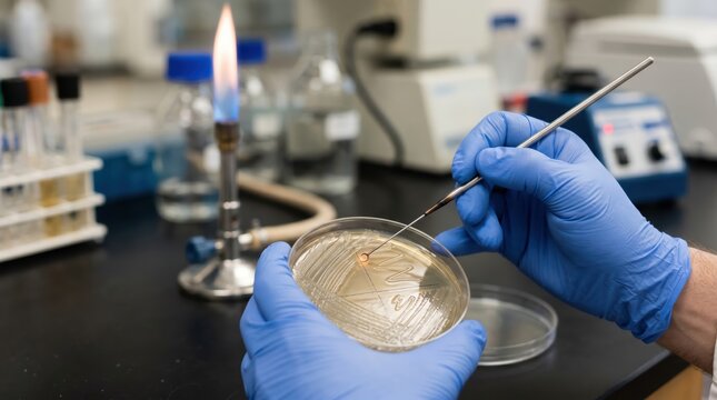 Laboratory technician hands streaking bacterial agar plate with inoculating loop beside lit bunsen burner on lab bench, close view of culture transfer and sterile technique in research environment