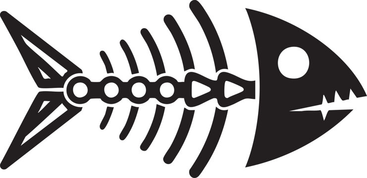 Graphic fish skeleton silhouette with circular spine detail, skeleton