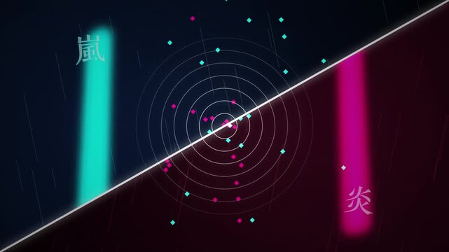 Abstract futuristic neon particles and light beams with Chinese characters 3D animation, dynamic motion graphics