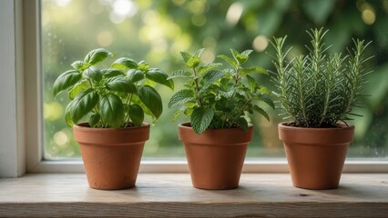 Fototapeta premium Fresh Green Herbs in Terracotta Pots on Light Wooden Windowsill