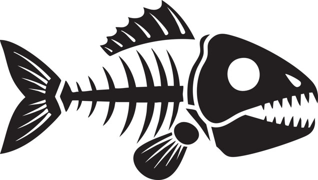 Stylized black silhouette of a piranha fish skeleton with skeleton