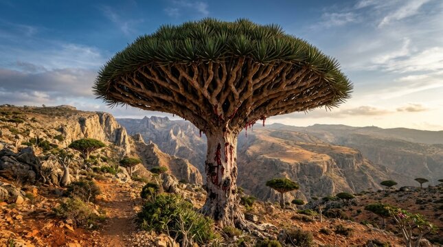 Iconic Dragon Blood Tree on Socotra Island with Cloudy Mountain Background