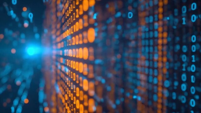 Abstract digital background featuring flowing binary code and glowing data points.