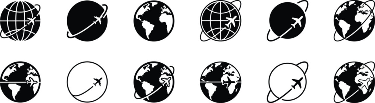 Global airline travel icon set featuring plane flying around world globe for international aviation routes.