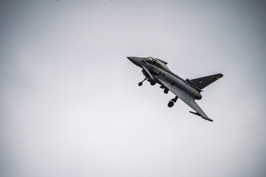 Berlin, Berlin, Germany - 13 June 2026: View of Eurofighter Typhoon fighter jet performing an aerial display at the ILA Berlin Air Show with landing gear deployed.