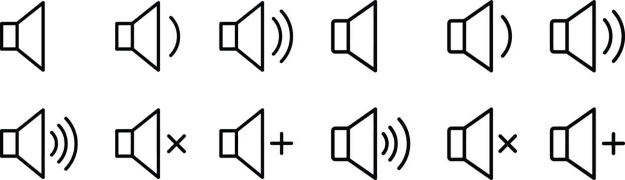 Audio speaker volume control icon set for multimedia player interface and sound level adjustments settings.