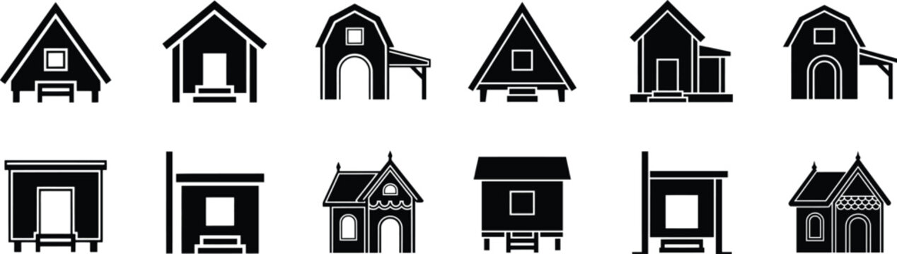 Rustic cabin and tiny house silhouette icon collection featuring various small architecture wooden building.