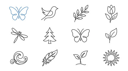 Fototapeta premium Minimalist Line Art Icons: Nature, Wildlife, and Growth Elements