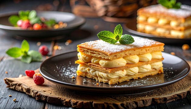 Elegant Mille-feuille layered pastry on a dark plate with cream, mint, and berries, fine dessert photography