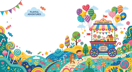 A festive candy shop cart on wheels amidst a vibrant, sugary landscape with a happy boy, his teddy bear, and colorful sweets. © Regina