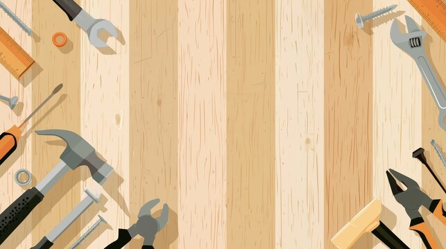 Flat vector of a wooden background with assorted handyman and construction tools arranged around the edges, including hammer, wrench, pliers, ruler, screws, nails, and bolts. Professional workshop the
