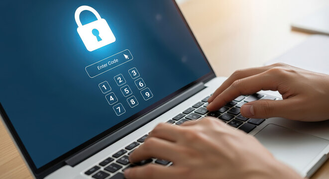Person's hands typing on a laptop keyboard with a digital padlock and numeric keypad displayed on the screen