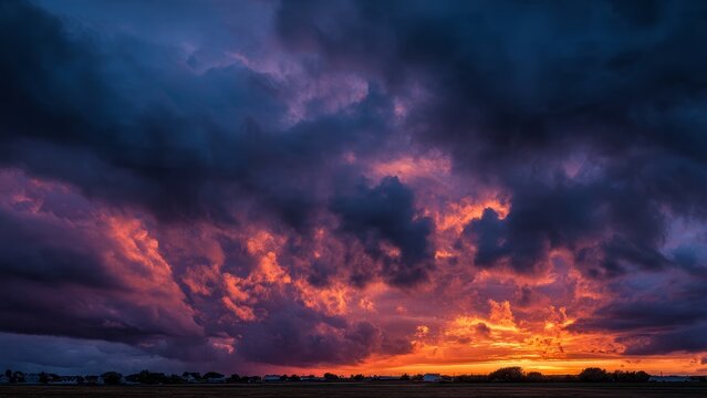 Dramatic sunset sky with fiery orange and deep purple clouds over a rural landscape.