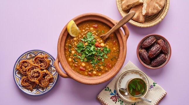 Traditional Moroccan Harira Soup with Dates, Chebakia and Pita Bread on Purple Background, Healthy Ramadan Iftar Meal Concept with Mint Tea and Authentic Cultural Cuisine.