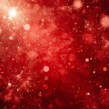 Dense red firework sparks filling layout with bright circular bokeh