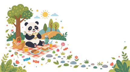A happy cartoon panda enjoys a delicious sandwich while having a colorful picnic on a checkered blanket in a beautiful sunlit park. © Regina