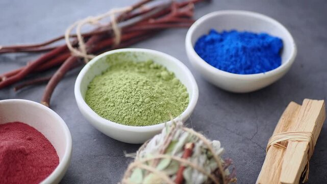 Assorted Natural Powders and Herbs for Wellness and Rituals