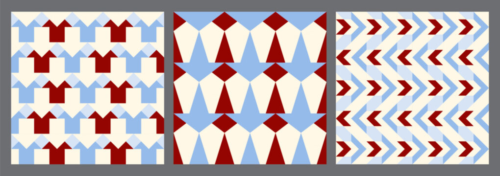 Abstract op art chevron and arrow repetitive pattern in red, blue, and cream