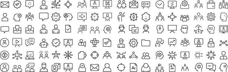 A comprehensive collection of outline icons representing various business and professional concepts, displayed in a grid format. © Nur