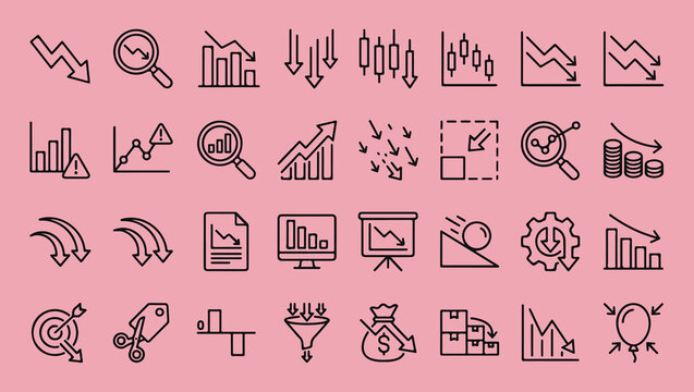Business crisis and financial loss line icons set with down arrow market crash reduction chart decreased profit vector illustration