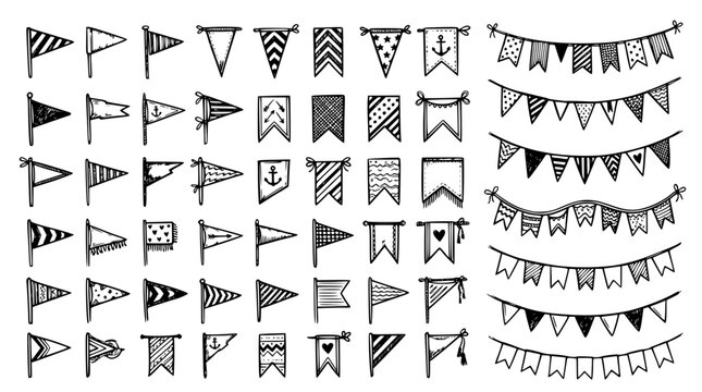 Hand drawn flag pennant banner triangle shapes various styles, doodle sketch collection, black ink vector illustration