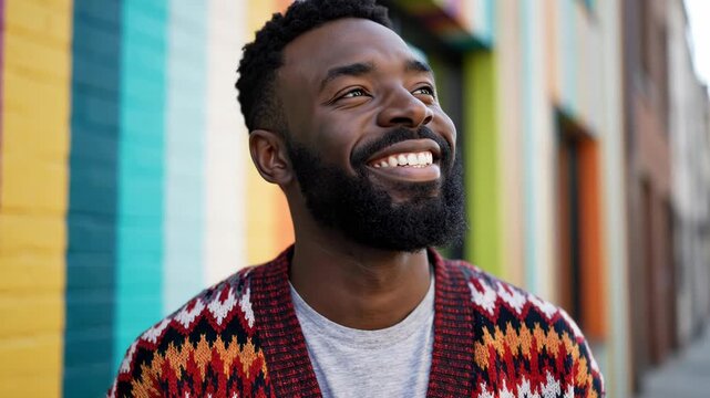 Smiling young Black man with short beard looking up, wearing a colorful patterned knit cardigan over a gray t-shirt, standing outdoors against a vibrant rainbow striped brick wall.
