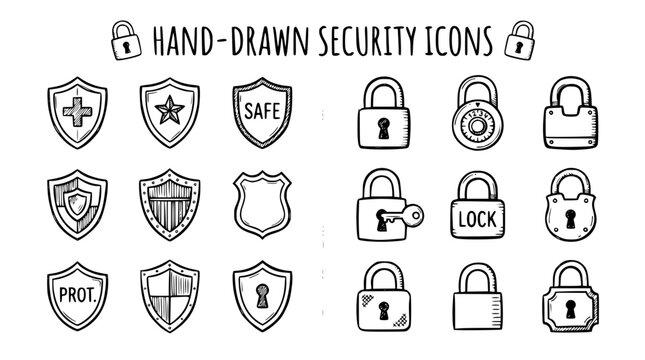 Hand drawn lock padlock security shield icons, doodle sketch collection, black ink vector illustration