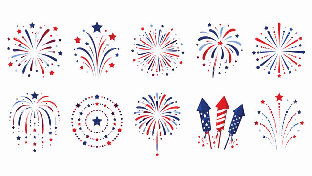 Patriotic fireworks and rocket icons set, red white and blue firework bursts with stars, 10 festive celebration vector elements for Independence Day