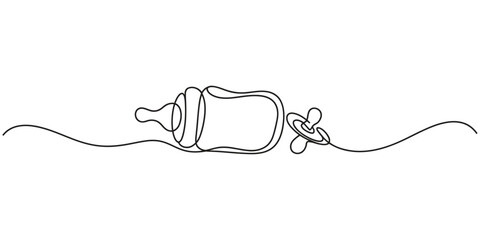 Obraz premium Continuous one line drawing of a baby bottle and a pacifier for newborns