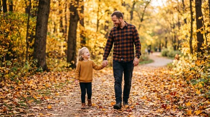 Fototapeta premium Father and Daughter Walking Hand in Hand on a Leaf Covered Path in Autumn Forest