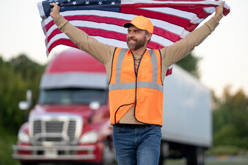 Naklejka premium Truck drivers is a dream job in America. Truck driver hold American flag. A trucking career in the USA. Truck driver country travel. Truck driver best profession in America. Desirable jobs in America.